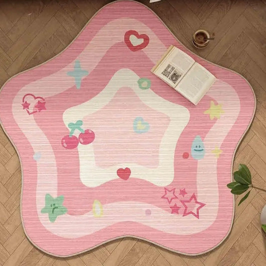 pink star kawaii rug with pastel cherries hearts and stars perfect for DDLG ABDL cozy kawaii rooms