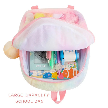 Opened unicorn backpack showing plush storage, kawaii ABDL cutecore