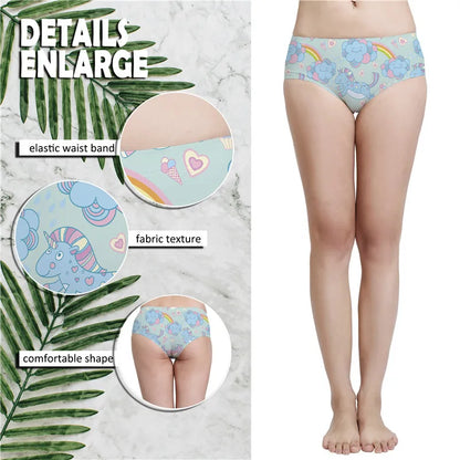 Magical pastel cloud panties featuring rainbow unicorn print, soft stretchy fabric for comfy kawaii wear
