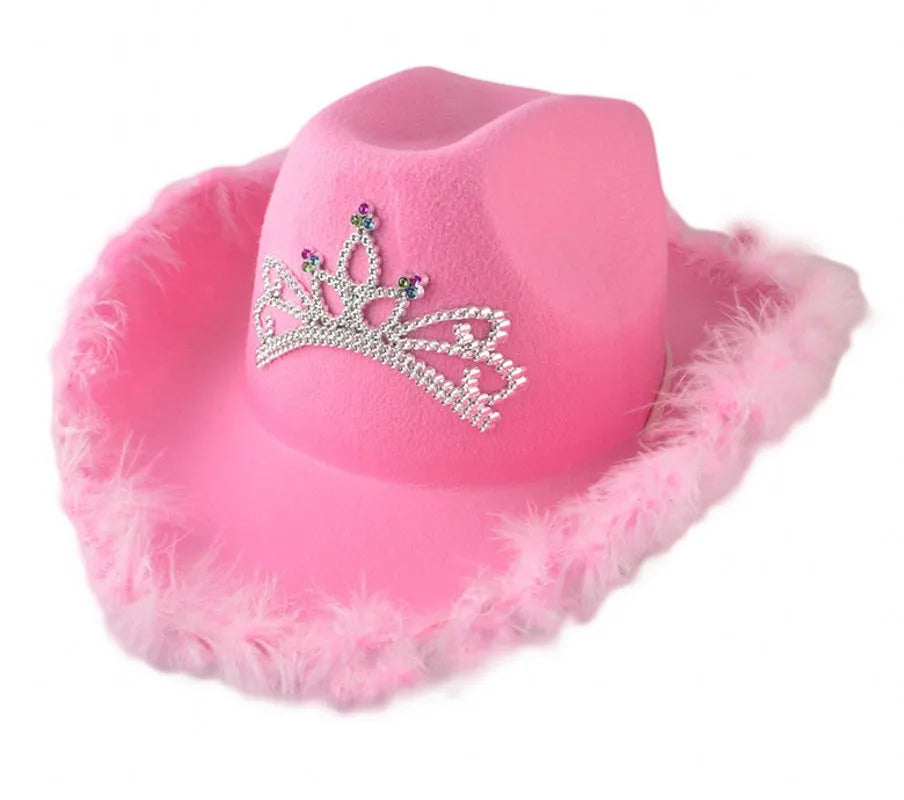 Magical Rose Princess Cowgirl Hat pastel pink with feathered flair and sparkling princess crown