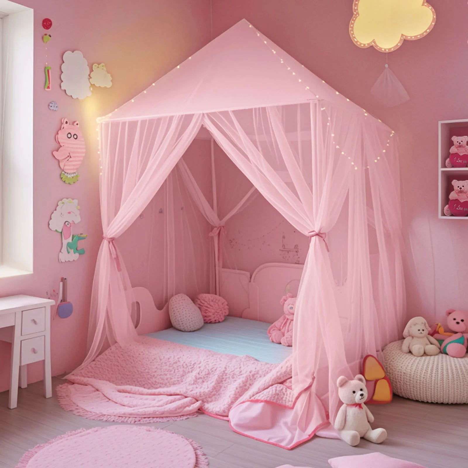 Magical Veil princess canopy bed curtains in sheer fabric with delicate drapes, 55 by 80 inches, fits most beds