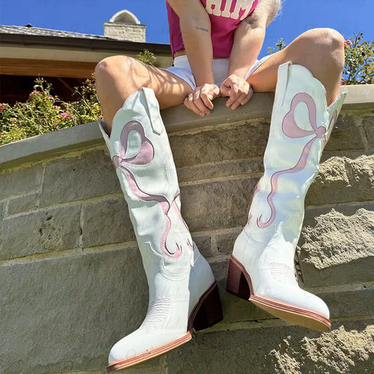 Pink Main Character Ranch Princess Boots with long ribbons, glitter, and soft princess vibes for DDLG babycore