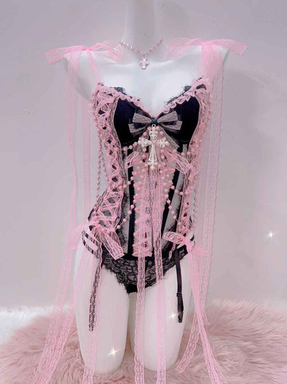 Majestic pink lace lingerie set with delicate bows and sheer striped fabric for boudoir or daily glam.