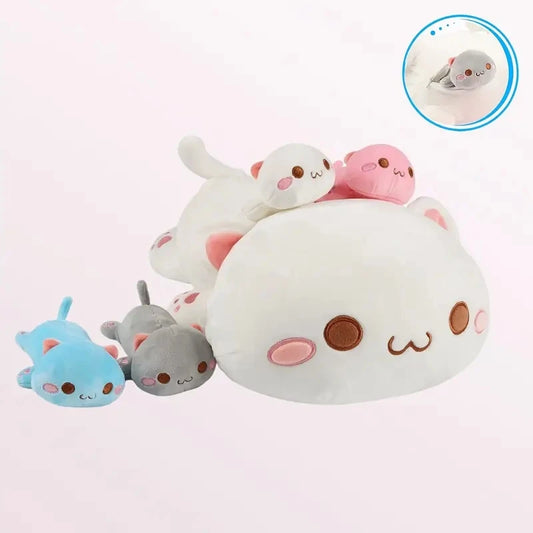 Mama Cat and Kitten Family plush set 47cm with 4 kittens, kawaii cuddle plush toy for DDLG ABDL cutecore