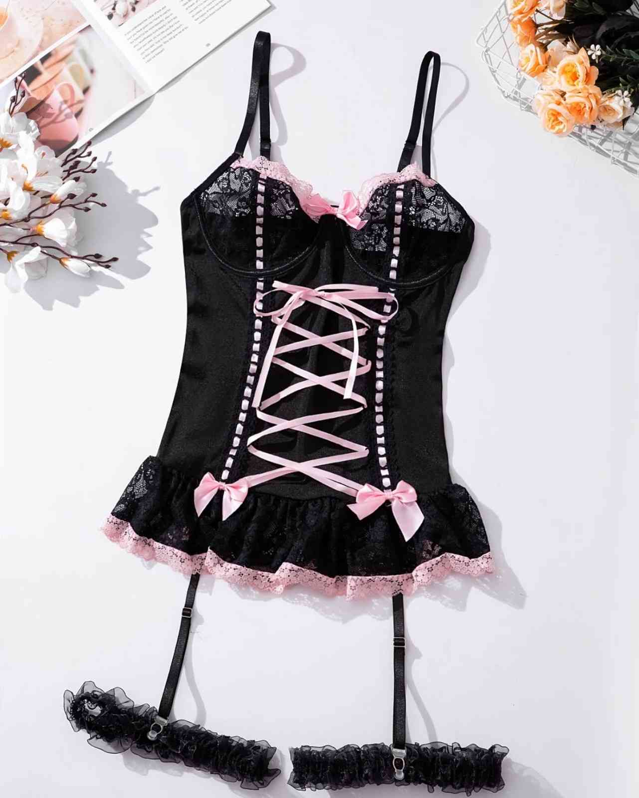 Midnight Blush corset lingerie bodysuit full view, kawaii pastelcore DDLG outfit
