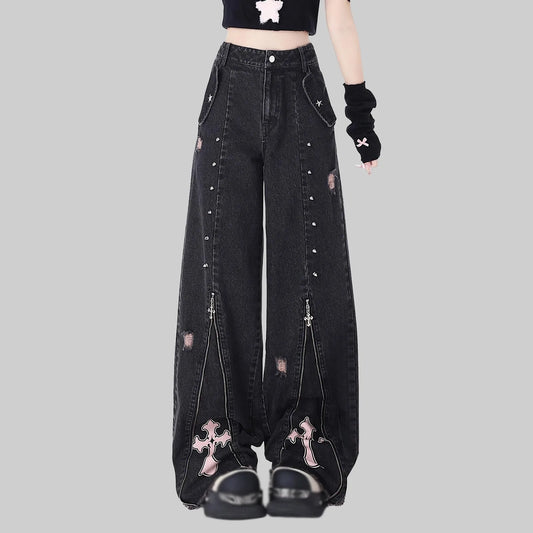 Midnight Cross Custom Denim with bold pink cross, gothic streetwear, edgy kawaii fashion