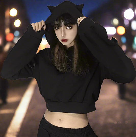 Midnight Kitty Ear Hoodie black cropped with cut-out lace-up shoulders, kawaii goth style ddlg baddie cutecore vibes