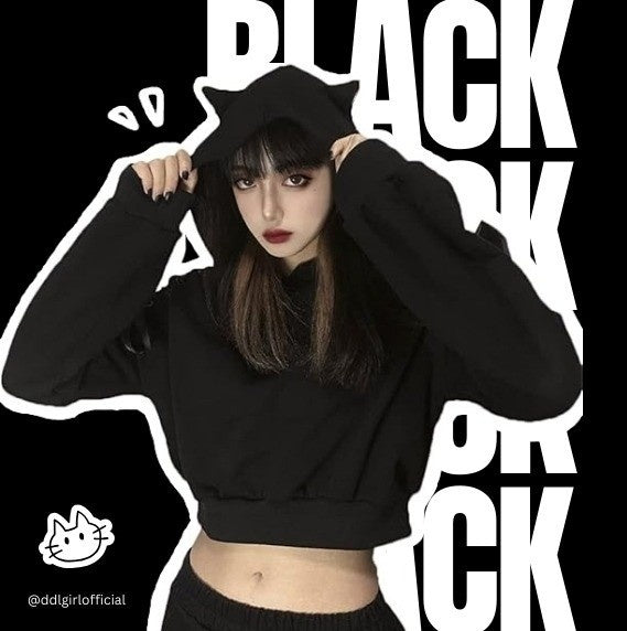 Midnight kitty ear cropped hoodie in black with lace-up shoulders, gothic kawaii cutecore streetwear vibe