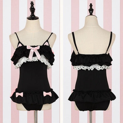 black midnight kitty snuggle onesie with frills, bows, and ears for cutecore DDLG/ABDL little-space play