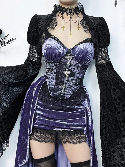 Model wearing Midnight Lavender Velour Goth Dress front view, lacy diagonal skirt, 3D cross detail, sexy gothic cutecore outfit 🌙🖤