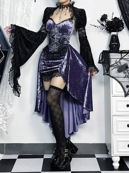 Side view model wearing Midnight Lavender Velour Goth Dress, plush velour top, flowing diagonal skirt, gothic kawaii style ✨💜