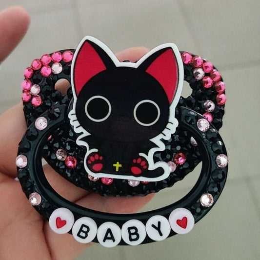 Black cat themed Midnight Meow Pacifier with soft silicone nipple and “baby” print, perfect for DDLG, ABDL, and cozy regression.