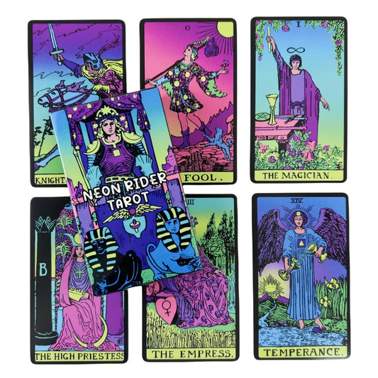 Midnight Neon Classic Tarot deck with glowing Rider-Waite cards, kawaii ABDL DDLG mystical cutecore aesthetic.
