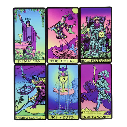 Midnight Neon Tarot cards in classic deck style with glowing accents, ABDL DDLG kawaii aesthetic.