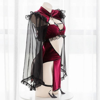 Queen of Black Hearts lingerie, DDLGirl dollcore, flirty occult spell, dark velvet red and black full set