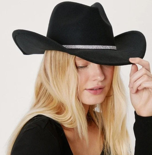 Midnight Sparkle Cowgirl Hat — sleek black hat with rhinestone details, perfect for baddie, kawaii, cutecore, dollcore, and DDLG little vibes, cosplay, or everyday cute fashion