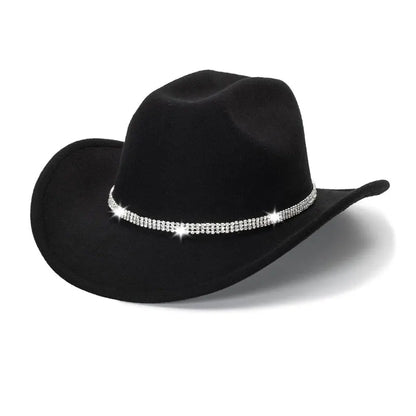 Midnight Sparkle Cowgirl Hat deep black with sparkling rhinestones, kawaii cutecore DDLG baddie accessory