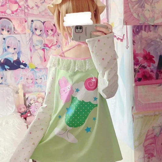 Milkshake Cutie Lime Green Tee with playful milkshake graphic, soft fabric, and kawaii casual style
