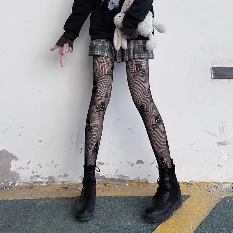 mini skull fishnet tights with stretchy fit, edgy kawaii style