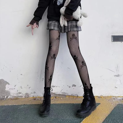 mini skull fishnet tights with stretchy fit, edgy kawaii style