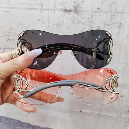 Mob Wife Donna Shades black, sleek modern rimless sunglasses with UV400 protection for boss vibes