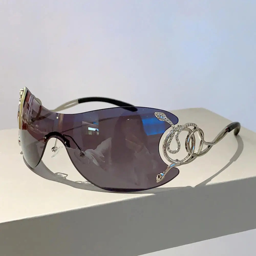 Mob Wife Donna Shades solid gray, rimless sunglasses with snake details for trendy kawaii looks