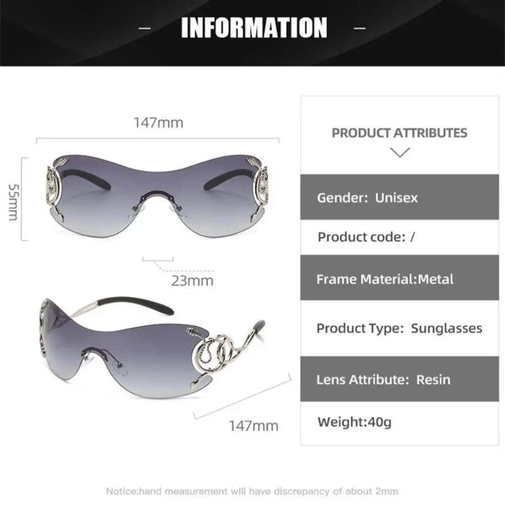 Mob Wife Donna Shades infograph showing features like UV protection, crescent moons, and snake design