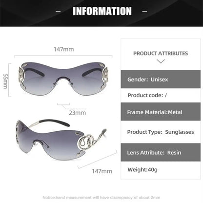 Mob Wife Donna Shades infograph showing features like UV protection, crescent moons, and snake design