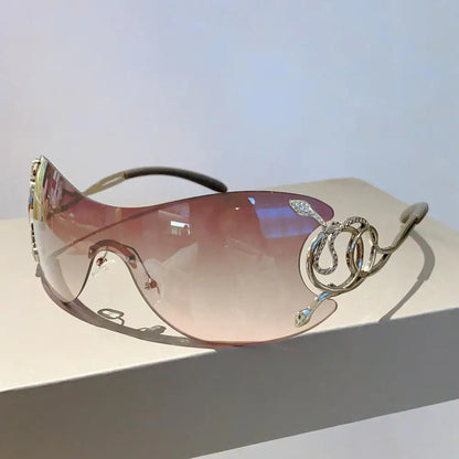 Mob Wife Donna Shades pink with elegant snake details, rimless oval-square cut for kawaii boss babes