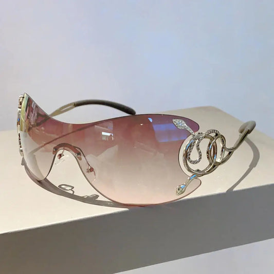 Mob Wife Donna Shades pink with elegant snake details, rimless oval-square cut for kawaii boss babes