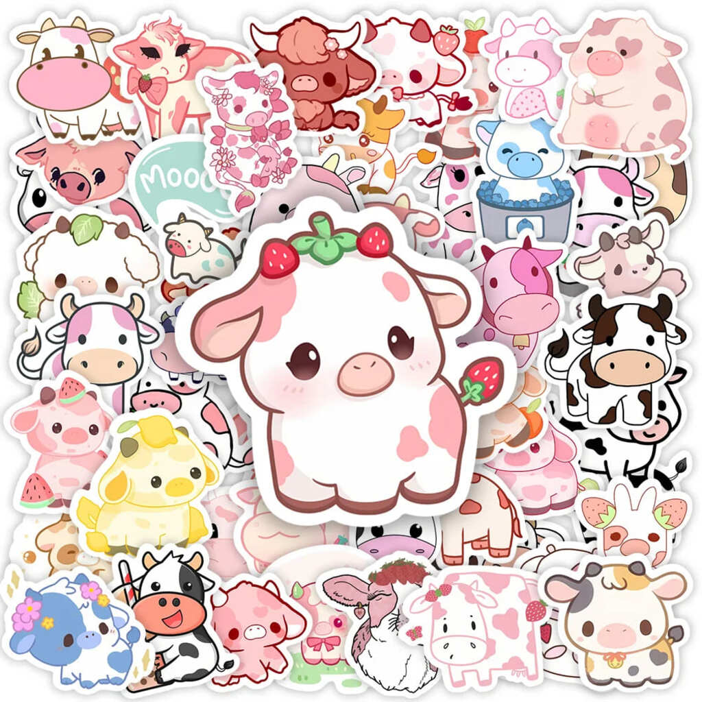 Moo and milk kawaii sticker pack with waterproof vinyl decals for laptops, journals, and scrapbooks