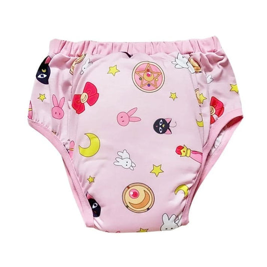 Pink training pants with moon and star prints, reusable and padded for soft, secure DDLG and ABDL wear