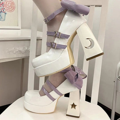 Moonbeam Glow platform heels with kawaii ribbons, lolita and cutecore fashion, ideal for DDLG and ABDL