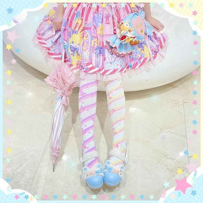 Multicolor candy stripe lace stockings with bonbon ribbon and heart accents, perfect kawaii softcore style