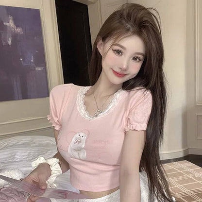 My Little Kitty Crop Top in pink, kawaii kitty graphic with heart, lace trim, cutebaddie & ABDL approved