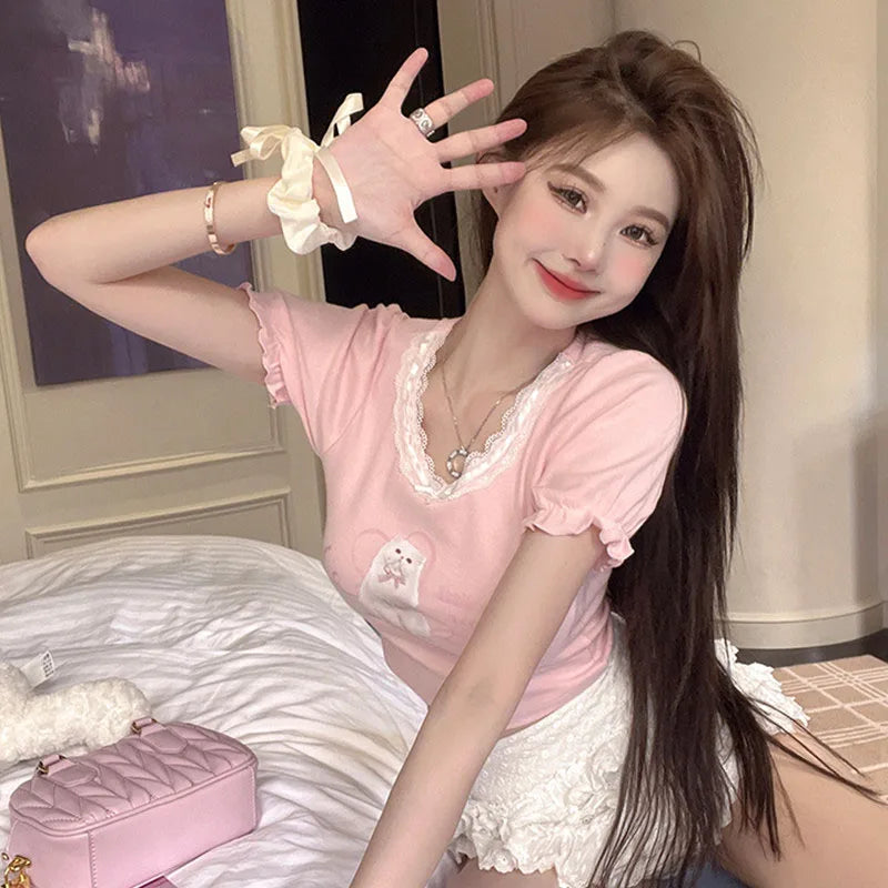 My Little Kitty Crop Top in pink, kawaii kitty graphic with heart, lace trim, cutebaddie & ABDL approved