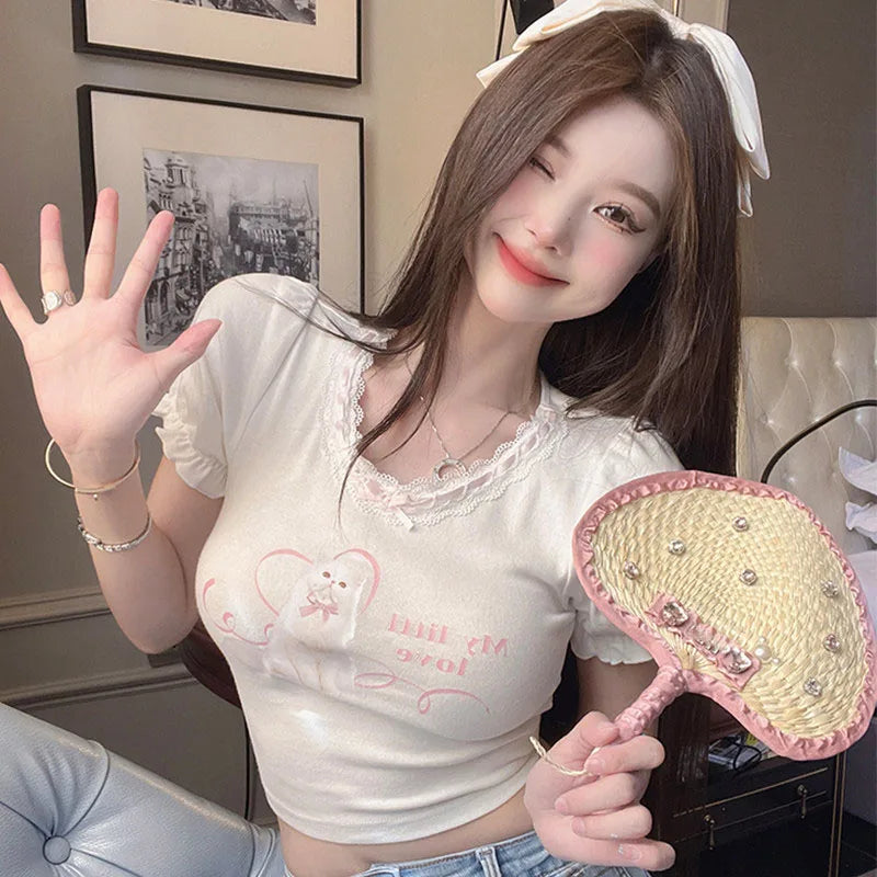My Little Kitty Crop Top in white, kawaii kitty graphic with heart, lace trim, cutebaddie & ABDL approved