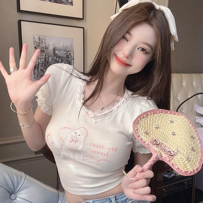 My Little Kitty Crop Top in white, kawaii kitty graphic with heart, lace trim, cutebaddie & ABDL approved