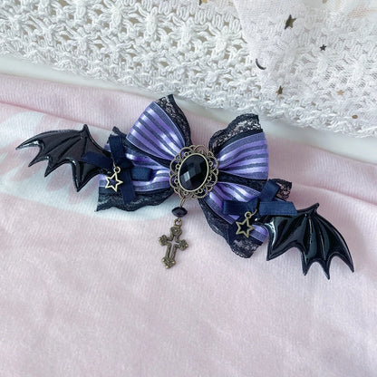 Mystic Amethyst Brooch, elegant statement accessory with bat wing and dark kawaii details for cutecore outfits
