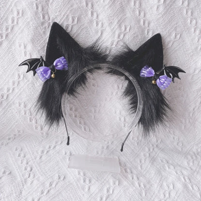 Mystic Amethyst Cat Ears, plush purple and black ears with bat wing accents for cutecore and DDLG style