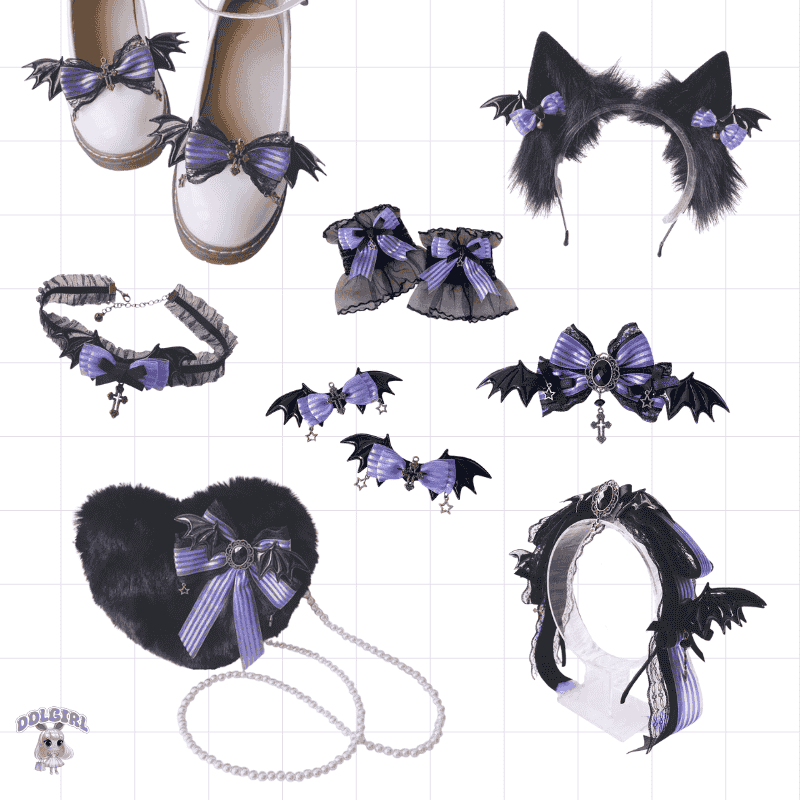 Mystic Amethyst Empress Collection, purple and black kawaii accessories with bat wing and plush details