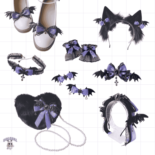 Mystic Amethyst Empress Collection, purple and black kawaii accessories with bat wing and plush details