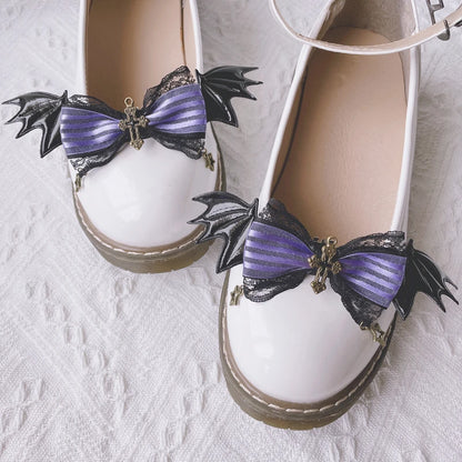 Mystic Amethyst Shoe Clips, cute purple and black accessories with bat wing details for kawaii DDLG fashion