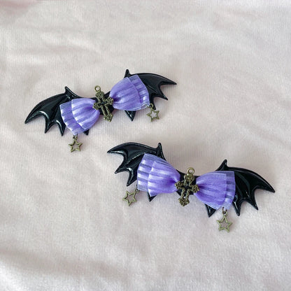 Mystic Amethyst Side Hair Clips, plush and lace bat wing accessories for DDLG, kawaii, and cutecore style