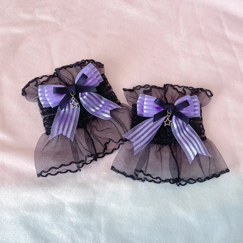 Mystic Amethyst Wrist Cuffs, lace and plush cuffs with bat wing accents for DDLG and cutecore outfits