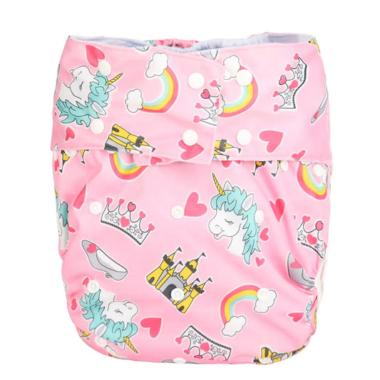 Mystic Princess Kingdom ABDL DDLG diaper with pastel unicorns, castles, crowns, and dreamy kawaii cutecore print