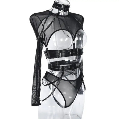Black Naughty Doll Mesh Fantasy set with hollow-out corset, bolero, and matching choker