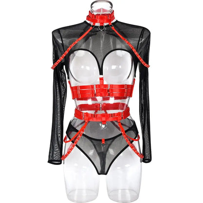 Black-red Naughty Doll Mesh Fantasy lingerie set with edgy mesh and playful straps