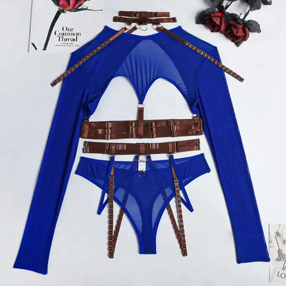 Blue-brown Naughty Doll Mesh Fantasy 3-piece set with hollow corset and choker