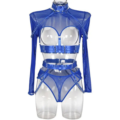 Dark blue Naughty Doll Mesh Fantasy set with mesh bolero, choker, and hollow corset